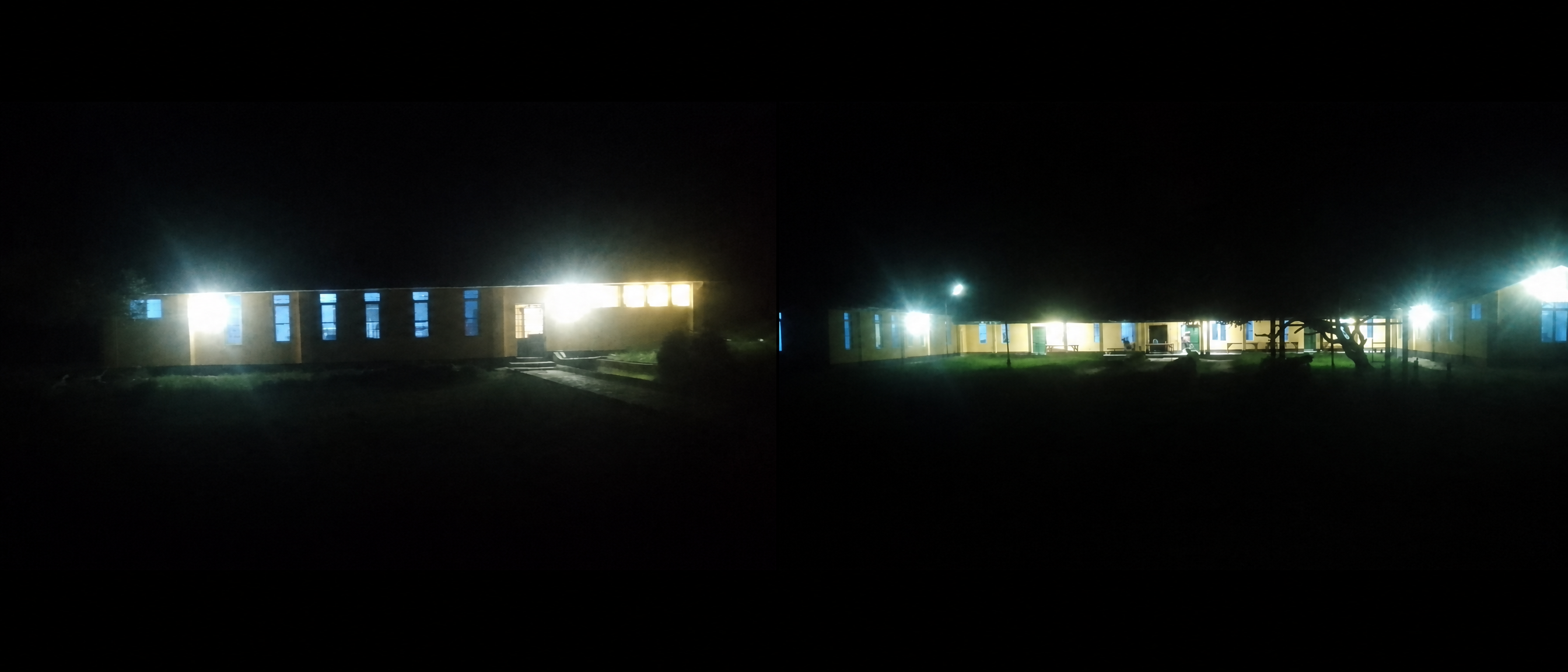 Two night views of the completed Solar Installation at Warri House